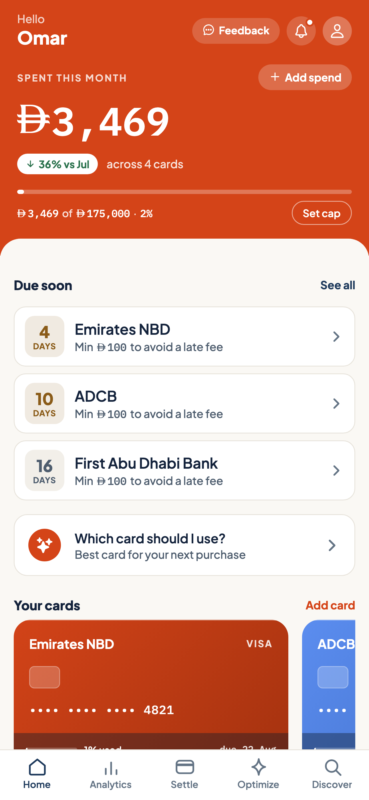 Zadi home screen: spend this month, credit used, and due dates across four banks