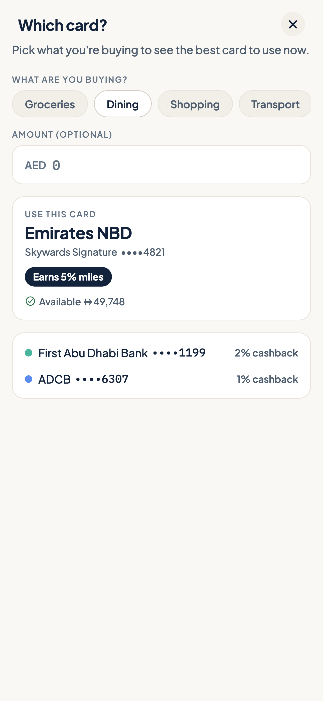 Zadi recommending which card to use for a dining purchase